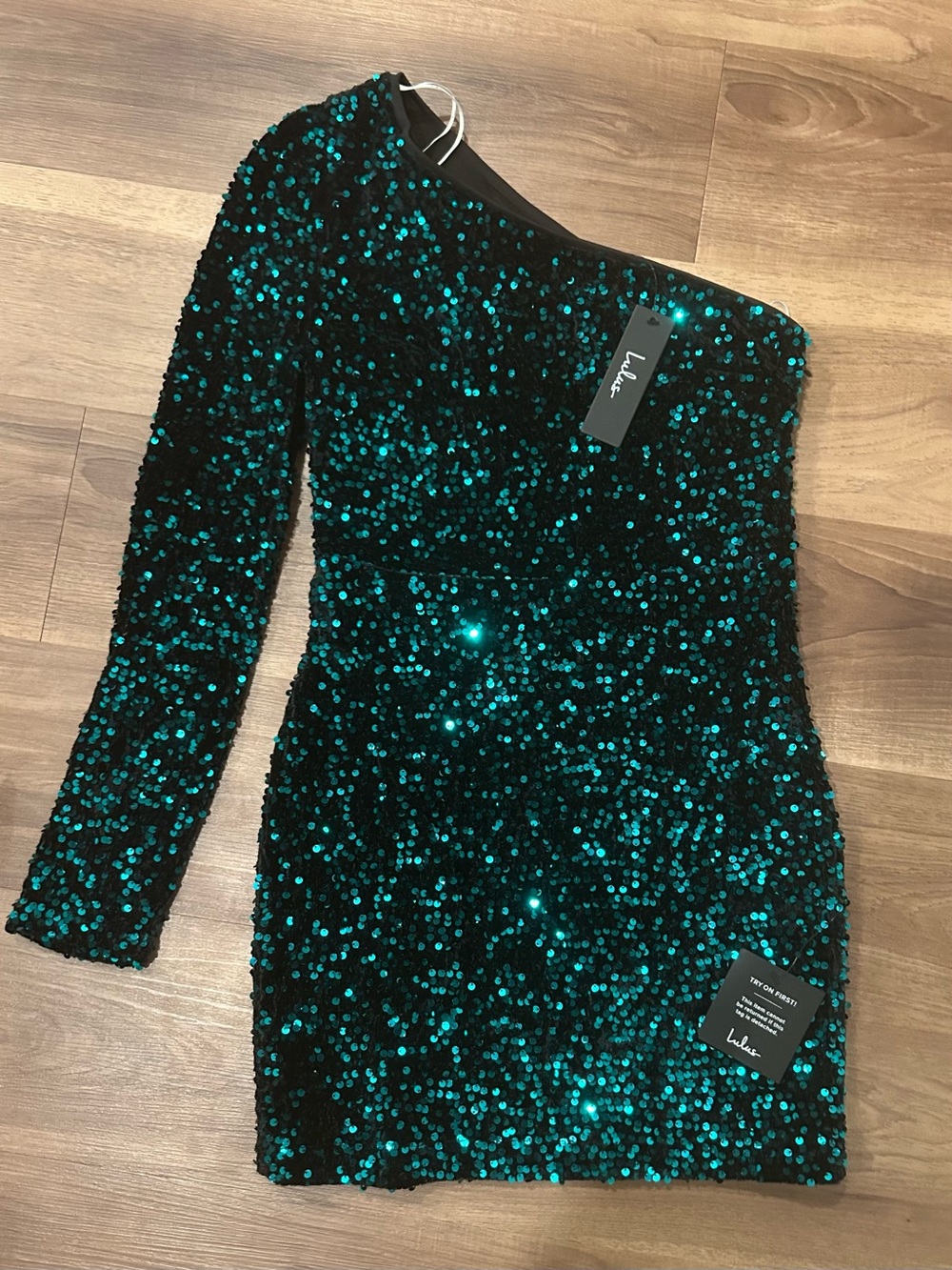 Lulu's Teal Green One-Shoulder Sequin Mini Dress Medium